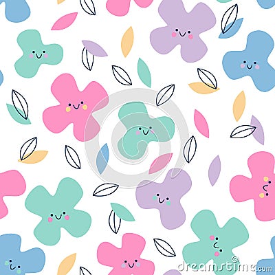 Cute smiley flowers abstract seamless pattern. Childish floral background Vector Illustration