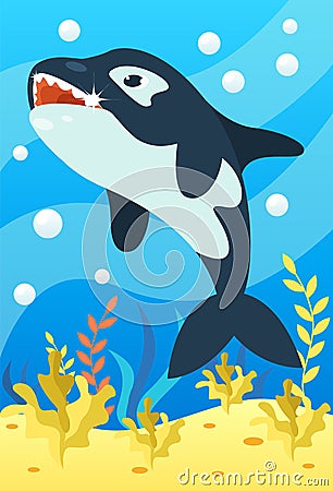 Cute smiling animals and underwater world. Cute killer whale smiles and shows teeth. Undersea world animals, algae and water Vector Illustration
