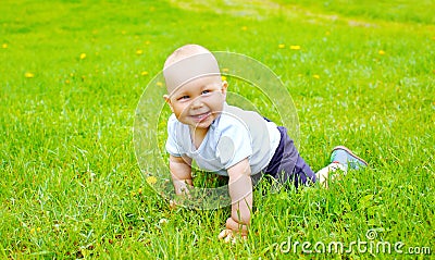 Cute smiling baby crawls on the grass Stock Photo