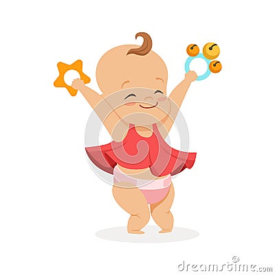 Cute smiling baby girl playing with rattles, colorful cartoon character vector Illustration Vector Illustration