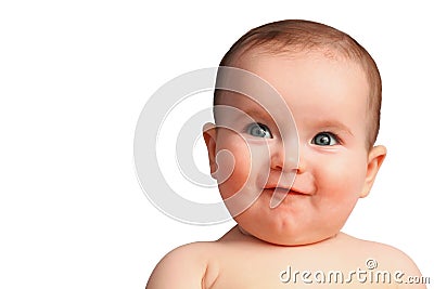 Cute smiling baby with open blue eyes close up Stock Photo