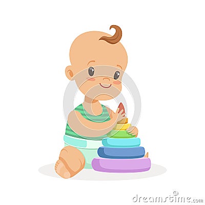 Cute smiling baby sitting and playing with pyramid toy, colorful cartoon character vector Illustration Vector Illustration