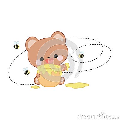 Cute bear with a pot of honey and flying bees. Vector Illustration