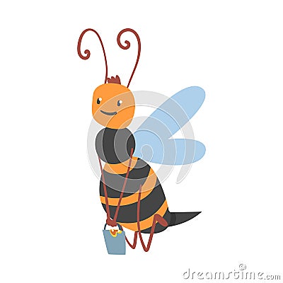 Cute Smiling Bee Carrying Bucket Full of Honey, Funny Flying Insect Character Cartoon Vector Illustration Vector Illustration