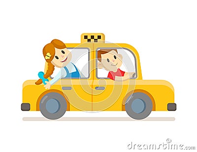 Cute smiling boy and girl riding in yellow taxi cab. Flat vector illustration, isolated on white background. Vector Illustration