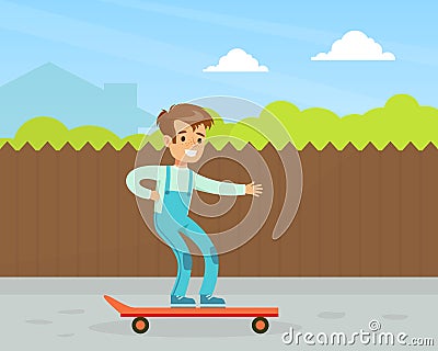 Cute Smiling Boy Riding Skateboard Outdoor, Kid Outdoor Activity Cartoon Vector Illustration Vector Illustration