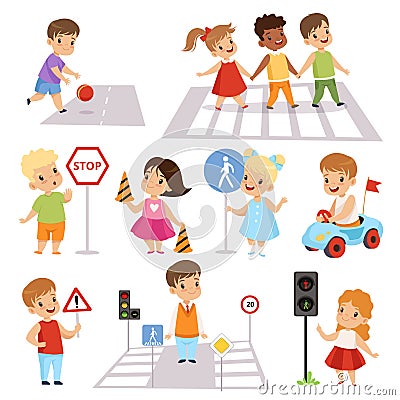 Cute Smiling Boys and Girls Crossing Streets and Learning Road Signs set, Traffic Education, Rules, Safety of Kids in Vector Illustration