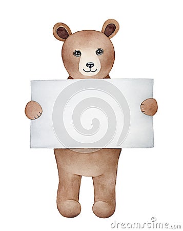 Cute smiling brown bear child holding in hands blank clean notepaper sheet Stock Photo