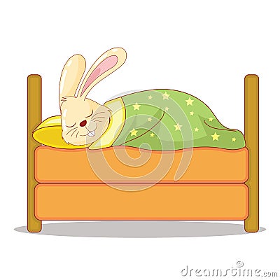 Cute Smiling Brown Bunny sleep in a Bed Vector Illustration