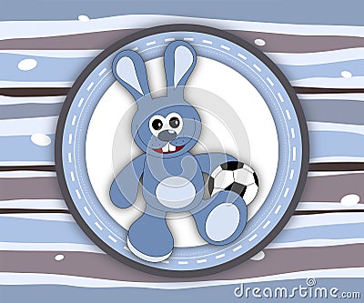 Cute smiling bunny label card in blue and brown Stock Photo