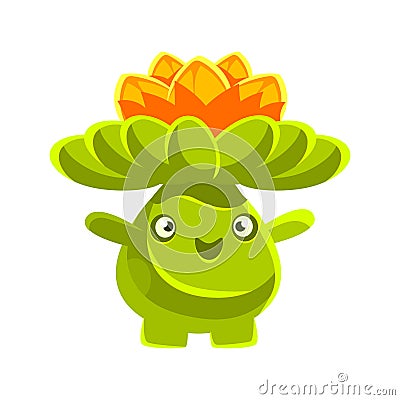 Cute smiling cactus emoji with flowers on his head. Cartoon emotions character vector Illustration Vector Illustration