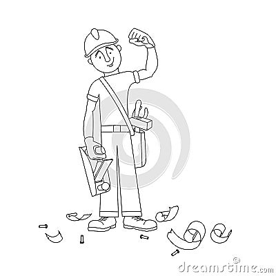 Cute smiling carpenter in a safety helmet with a plane for wood, instruments bag & sawdust Vector Illustration