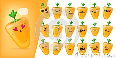 Cute smiling carrots collection isolatd on white background. Set of funky Emoji carrot. Smile vegetable sticker set with Vector Illustration