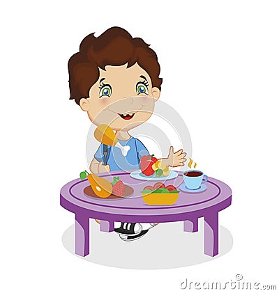 Cute Smiling Cartoon Boy Eat Chiken at Table Vector Illustration