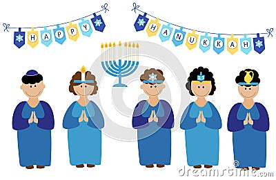 Cute smiling children celebrating Hanukkah Vector Illustration