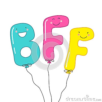 Cute smiling cartoon characters of letters BFF Best Friends Forever as party balloons Vector Illustration