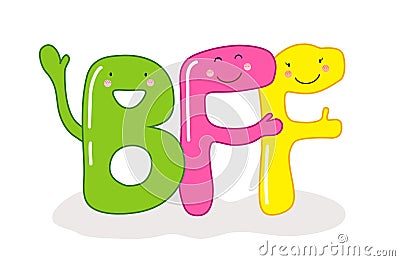 Cute smiling cartoon characters of letters BFF Best Friends Forever Vector Illustration