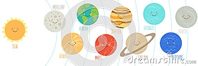 Cute smiling cartoon characters of planets of solar system. Childish background Vector Illustration