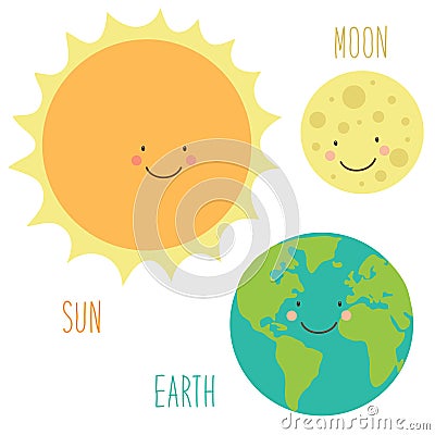 Cute smiling cartoon characters of Sun, Earth and Moon Vector Illustration