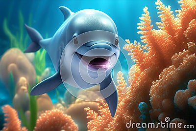 A cute smiling cartoon dolphin on a background of blue clear water and corals.A stylized charming dolphin. Stock Photo