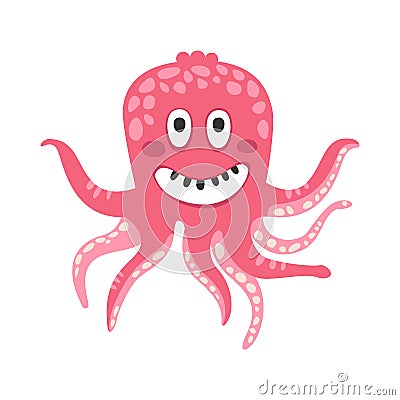 Cute smiling cartoon pink octopus character, funny ocean coral reef animal vector Illustration Vector Illustration