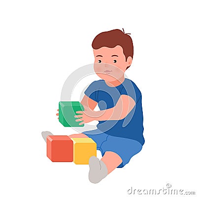 Cute smiling child playing with colorful cubes vector flat illustration. Baby playing developing toy Cartoon Illustration