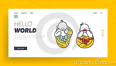 Cute Smiling Children Male and Female Characters Landing Page Template. Newborn Baby Couple Swaddled Little Boy or Girl Vector Illustration