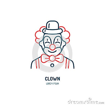 Cute smiling clown line icon. Vector logo for circus, party service or event agency. Linear illustration of kids Vector Illustration