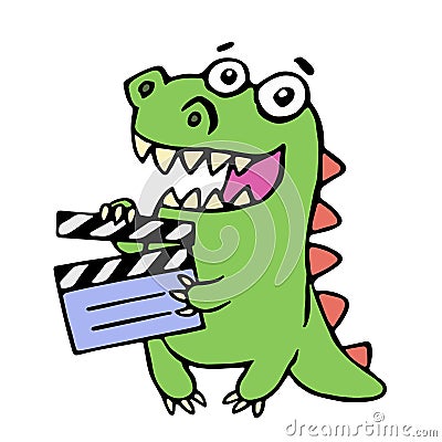 Cute smiling dinosaur with movie clapper board. Vector illustration. Vector Illustration