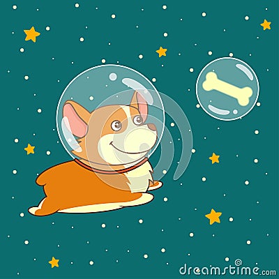 Cute smiling dog dressed in spacesuit is flying in outer space using, on starry space background. Vector Illustration