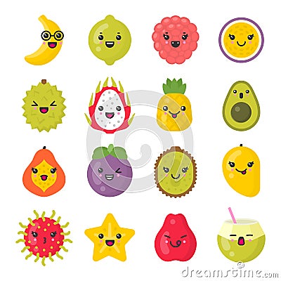 Cute smiling exotic fruits, isolated colorful vector icon set Vector Illustration