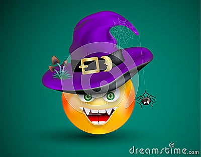 Cute smiling face emoticon viciously laughing wearing witch purple hat with scary decor of spider on cobweb and poisonous mushroom Stock Photo