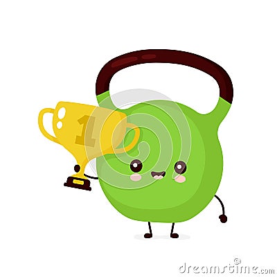 Cute smiling fitness kettlebell with gold trophy Vector Illustration