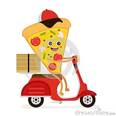 Cute smiling funny cute pizza slice rides Vector Illustration