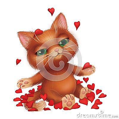 Cute Smiling Furry Kitten Fell in Love Amid Fluttering Red Rose Petals - Green-Eyed Hand-Drawn Cartoon Animal Character Stock Photo