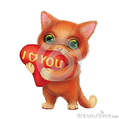 Cute Smiling Furry Kitten Holding Heart Sign with I Love You Confession of Feelings - Hand-Drawn Cartoon Animal Character Stock Photo