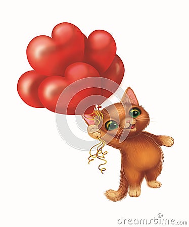 Cute Smiling Furry Kitten in Love, Flying on Balloons in the Shape of Hearts - Happy Green-Eyed Hand-Drawn Cartoon Character Stock Photo