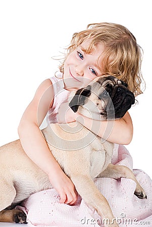 Cute smiling girl with lovely dog isolated Stock Photo