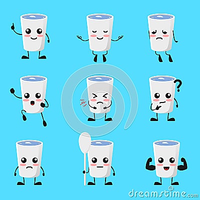 Cute smiling glasses set collection. Vector modern cartoon face character illustration.Isolated on blue background. glass Vector Illustration