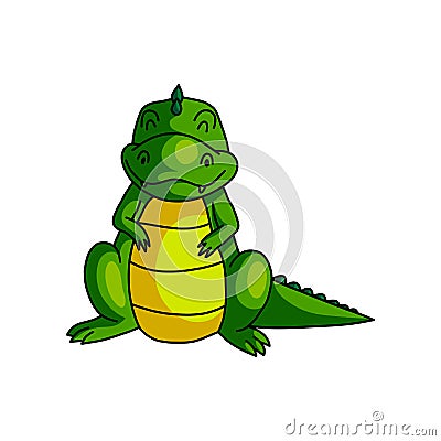 Cute smiling green dino with closed eyes, happy Vector Illustration