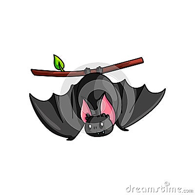 Cute smiling grey bat stay on tree branch look Vector Illustration