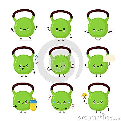 Cute smiling happy fitness kettlebell weight set Vector Illustration