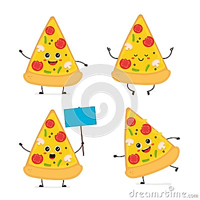 Cute smiling happy funny cute pizza slice Vector Illustration