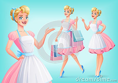 Cute smiling housewife in apron in different poses. Vector set. Vector Illustration