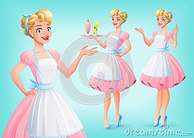 Cute smiling housewife in apron in various poses. Vector set. Vector Illustration