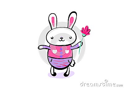 Cute smiling kawaii easter bunny keep the flower. Happy easter greeting background. Vector illustration in hand drawing Vector Illustration