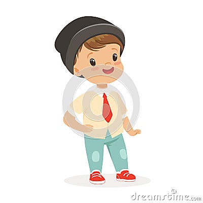 Cute smiling little boy dressed in fashion clothes and black hat colorful cartoon character vector Illustration Vector Illustration