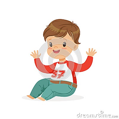 Cute smiling little boy dressed in jeans and sweatshirt colorful cartoon character vector Illustration Vector Illustration