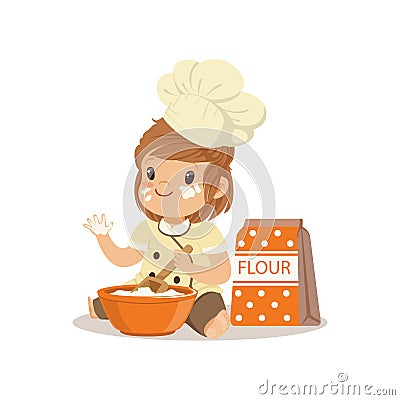 Cute smiling little girl chef with bowl and whisk baking vector Illustration Vector Illustration