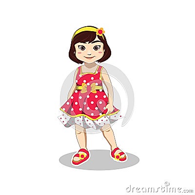 Cute Smiling Little Girl wears sleeveless dress, headband and slipper in Summer Vacation Stock Photo